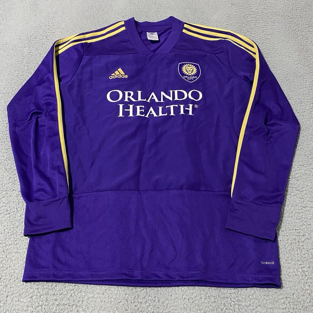 Orlando City SC Soccer Jersey Adidas Men Large Purple Gold Long Sleeve Climalite